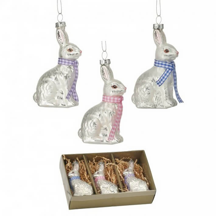 4" Glass Ivory Spring Bunny Ornaments Boxed Set/3
