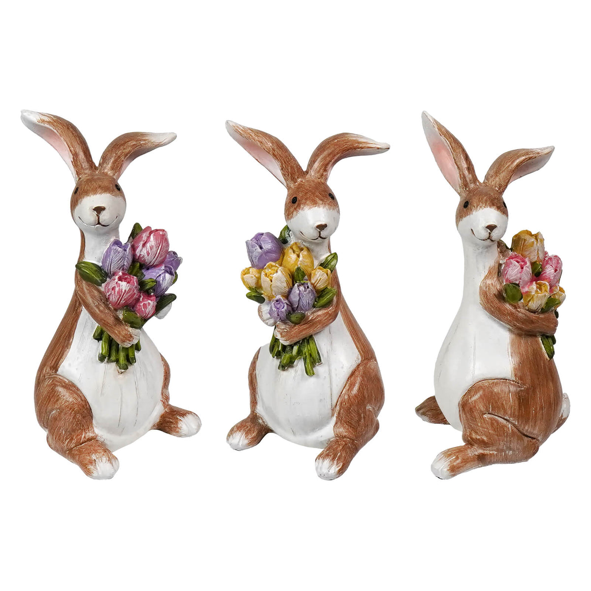 5.5" Resin Easter Bunnies Clutching Spring Flower Bouquets Set/3