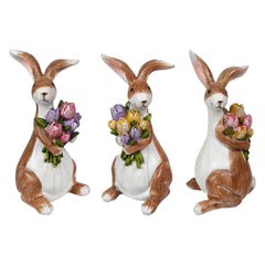 5.5" Resin Easter Bunnies Clutching Spring Flower Bouquets Set/3