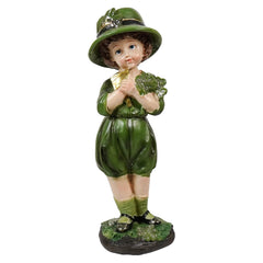 6" Resin Irish Boy Statue Clutching Clovers