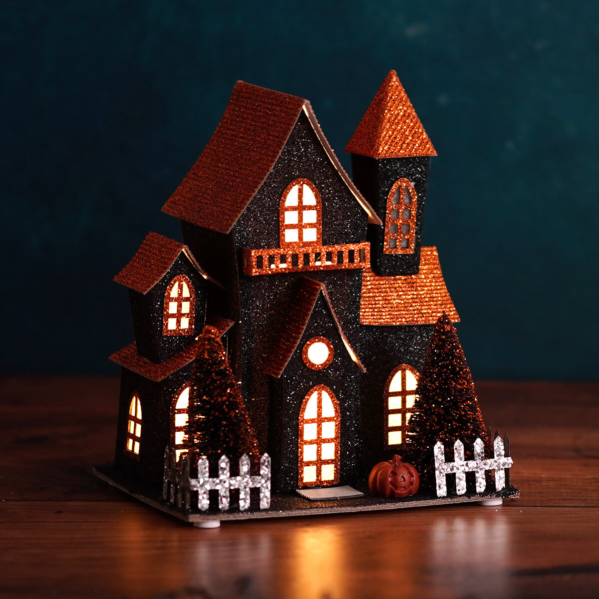 7.5" LED Lighted Black & Orange Halloween Haunted House