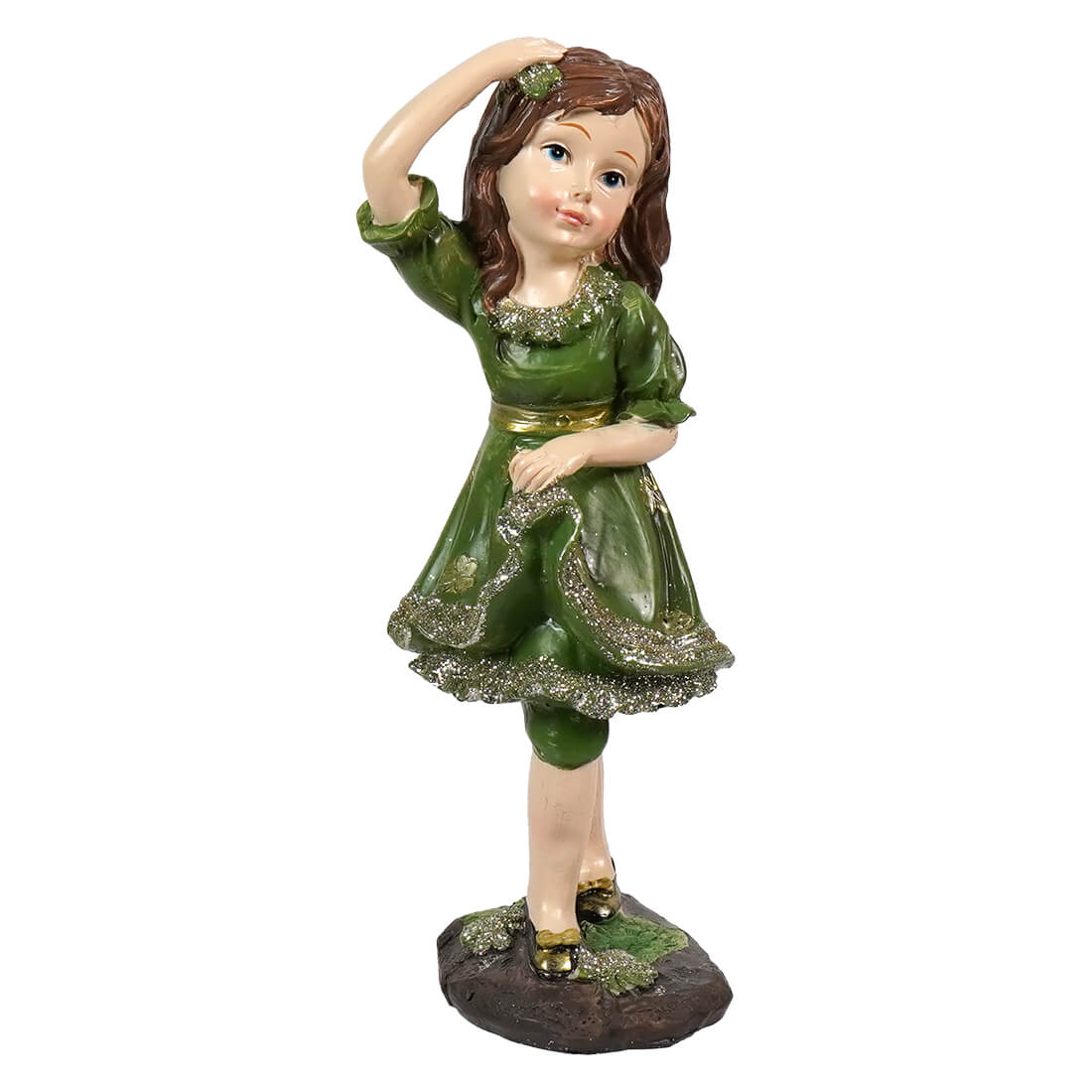 7" Clover Dress Irish Girl Statue With Gold Accents