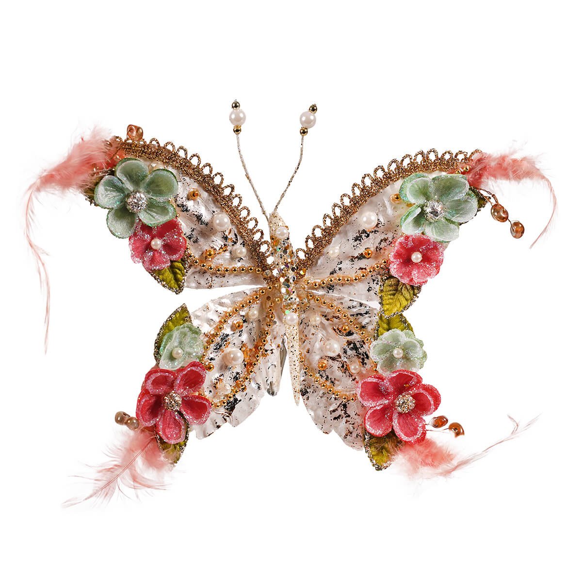 7" Floral Beaded & Glittered Pastel Clip-On Butterfly Ornament
