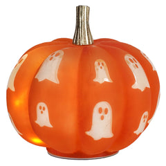7" Lighted Glass Orange Pumpkin With Spooky Ghosts