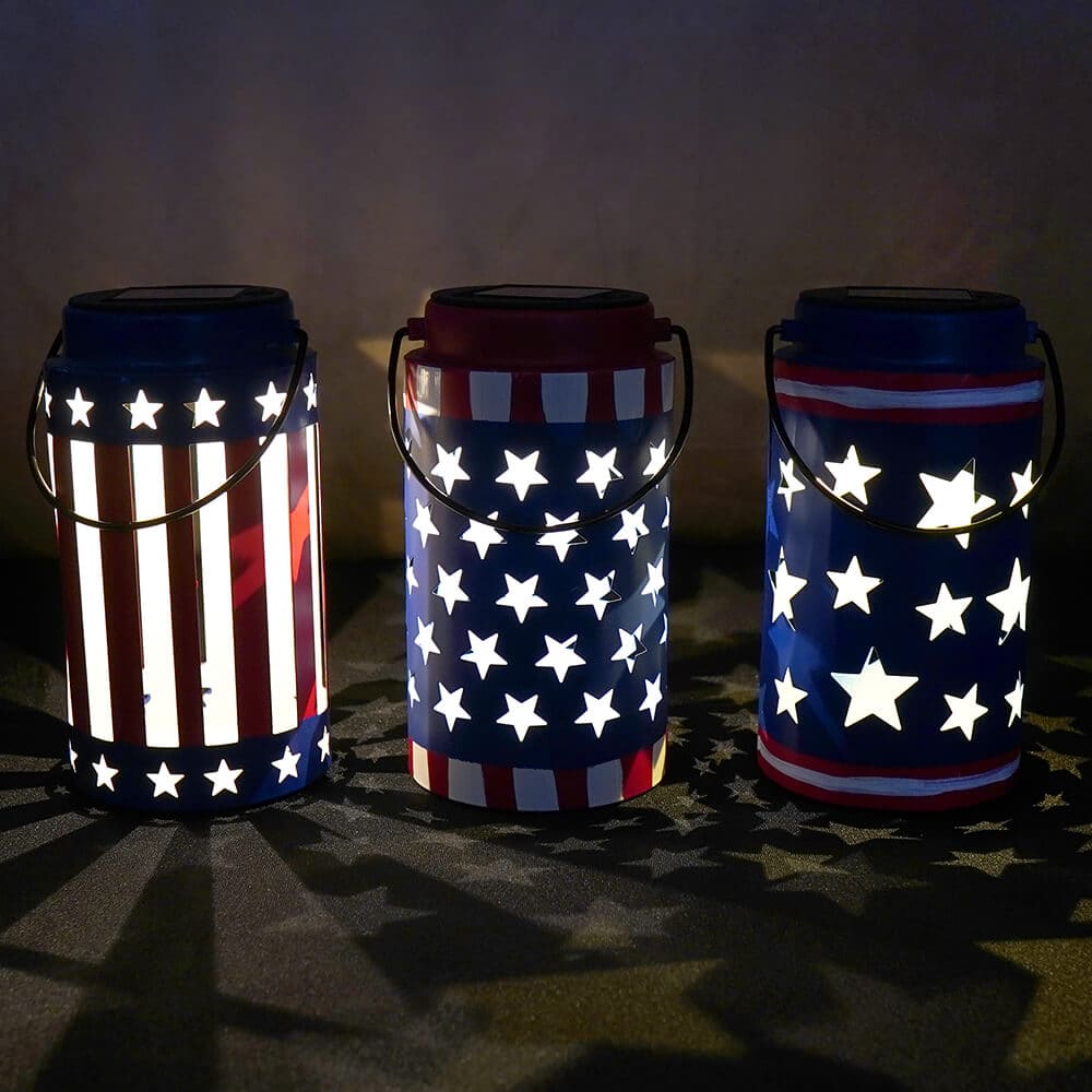 7" Solar Lighted Metal Americana Lanterns Set/3