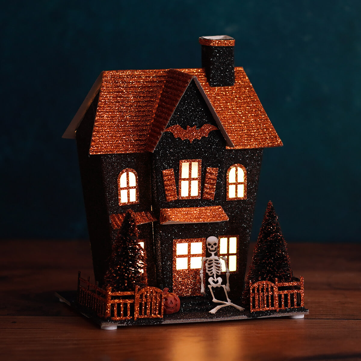 8.25" LED Lighted Black & Orange Halloween Haunted House