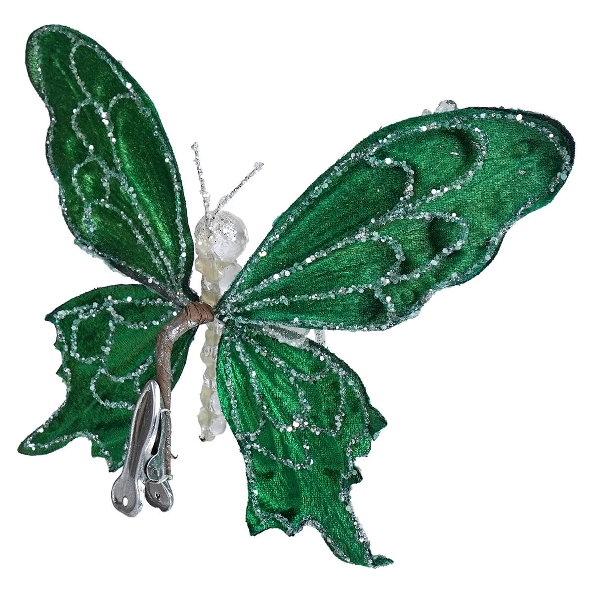 8" Jeweled & Glittered Green Butterfly Clip-On Ornament