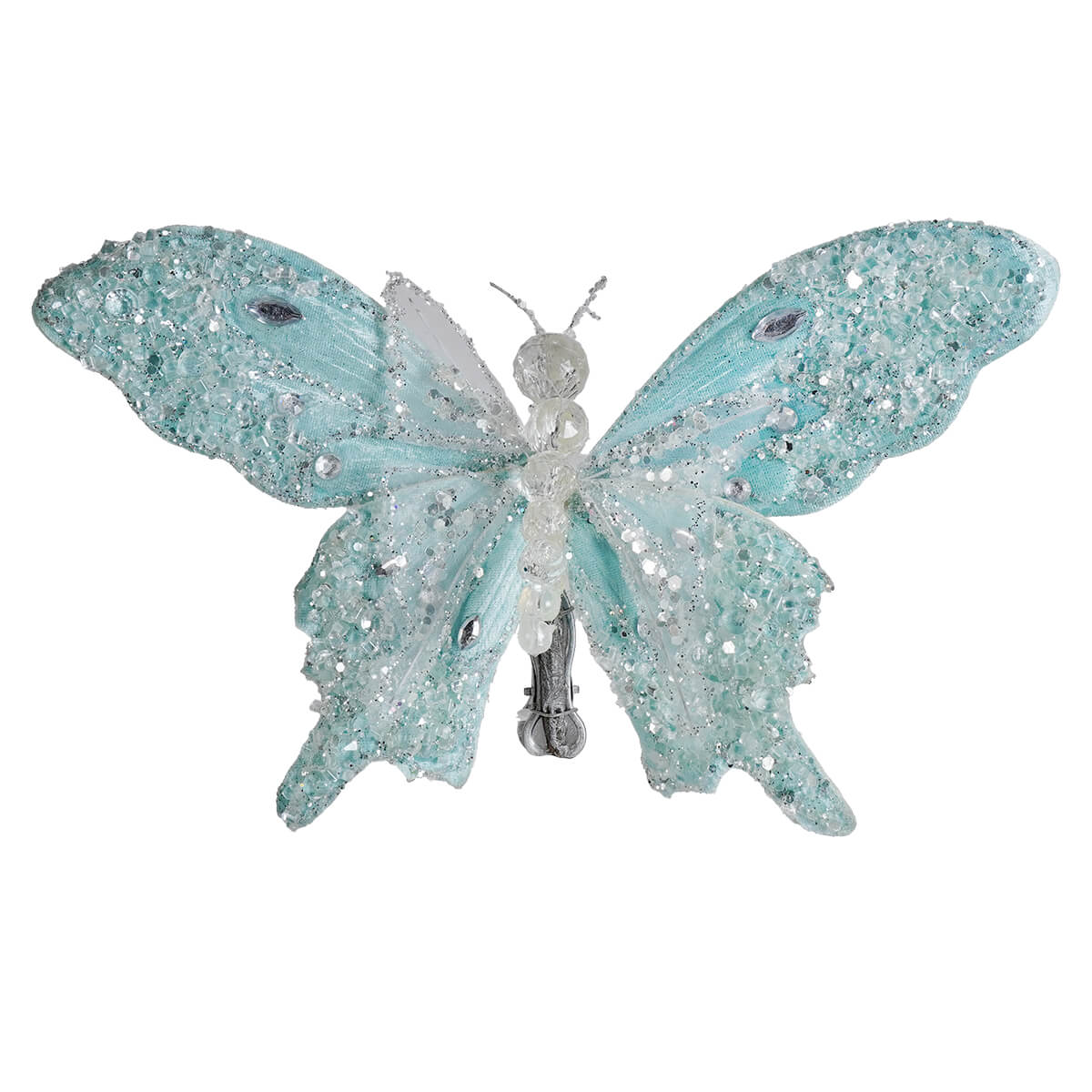 8" Jeweled & Glittered Turquoise Butterfly Clip-On Ornament