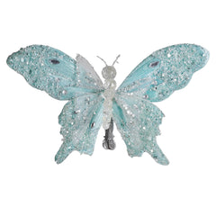 8" Jeweled & Glittered Turquoise Butterfly Clip-On Ornament