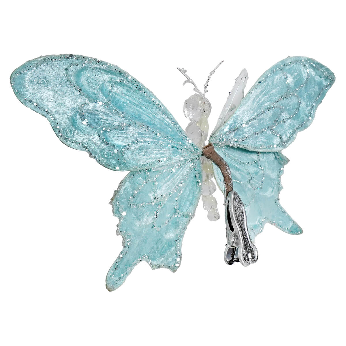 8" Jeweled & Glittered Turquoise Butterfly Clip-On Ornament
