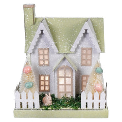 8" Lighted LED Pastel Green & Pink Brown Bunny Easter House