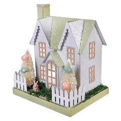 8" Lighted LED Pastel Green & Pink Brown Bunny Easter House