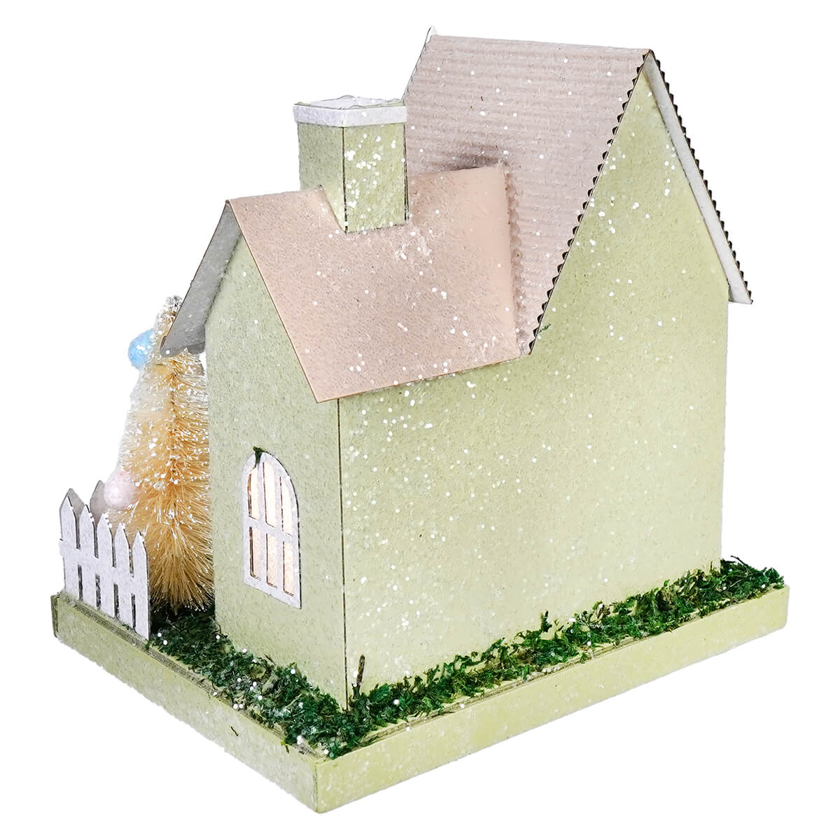 8" Lighted LED Pastel Green & Pink White Bunny Easter House