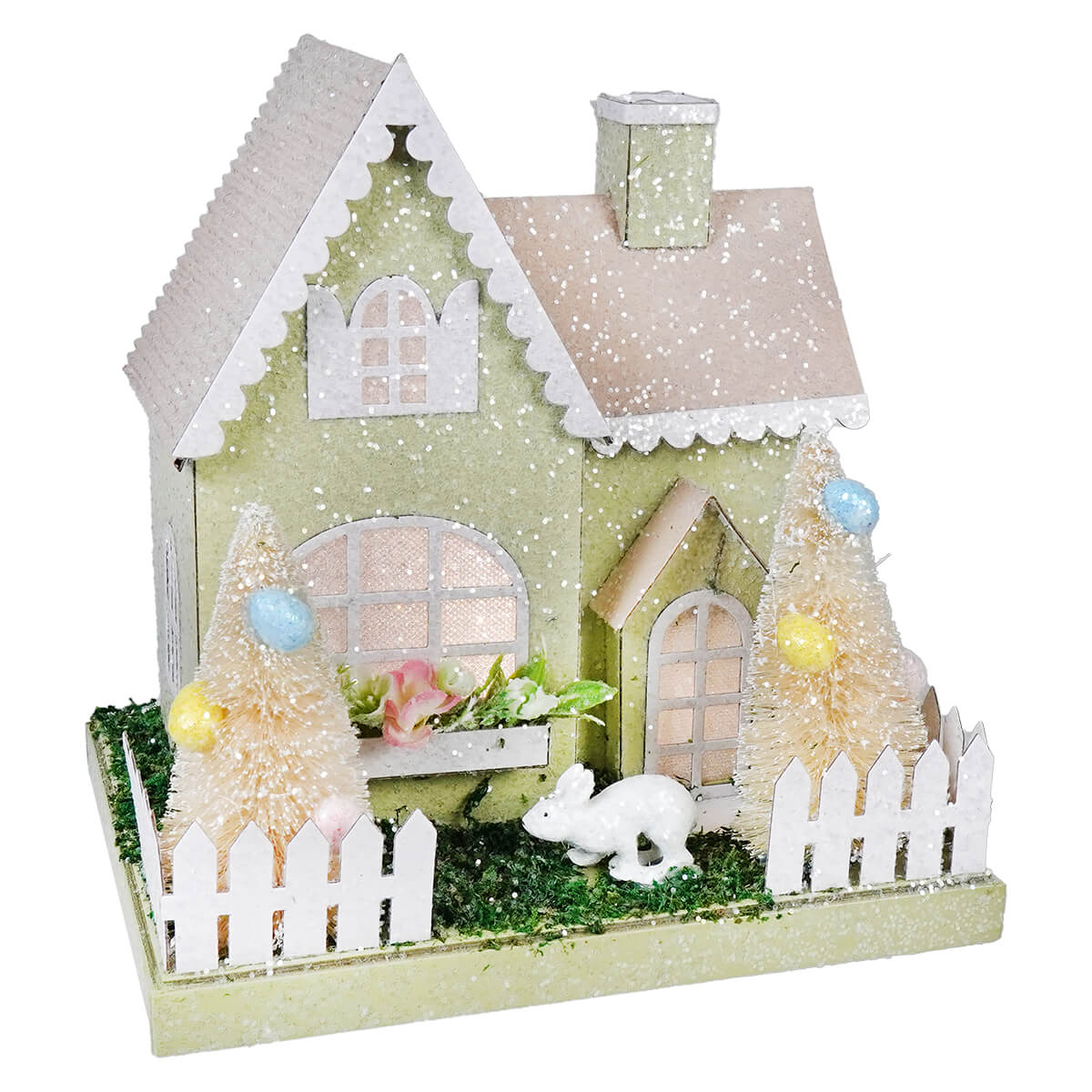 8" Lighted LED Pastel Green & Pink White Bunny Easter House