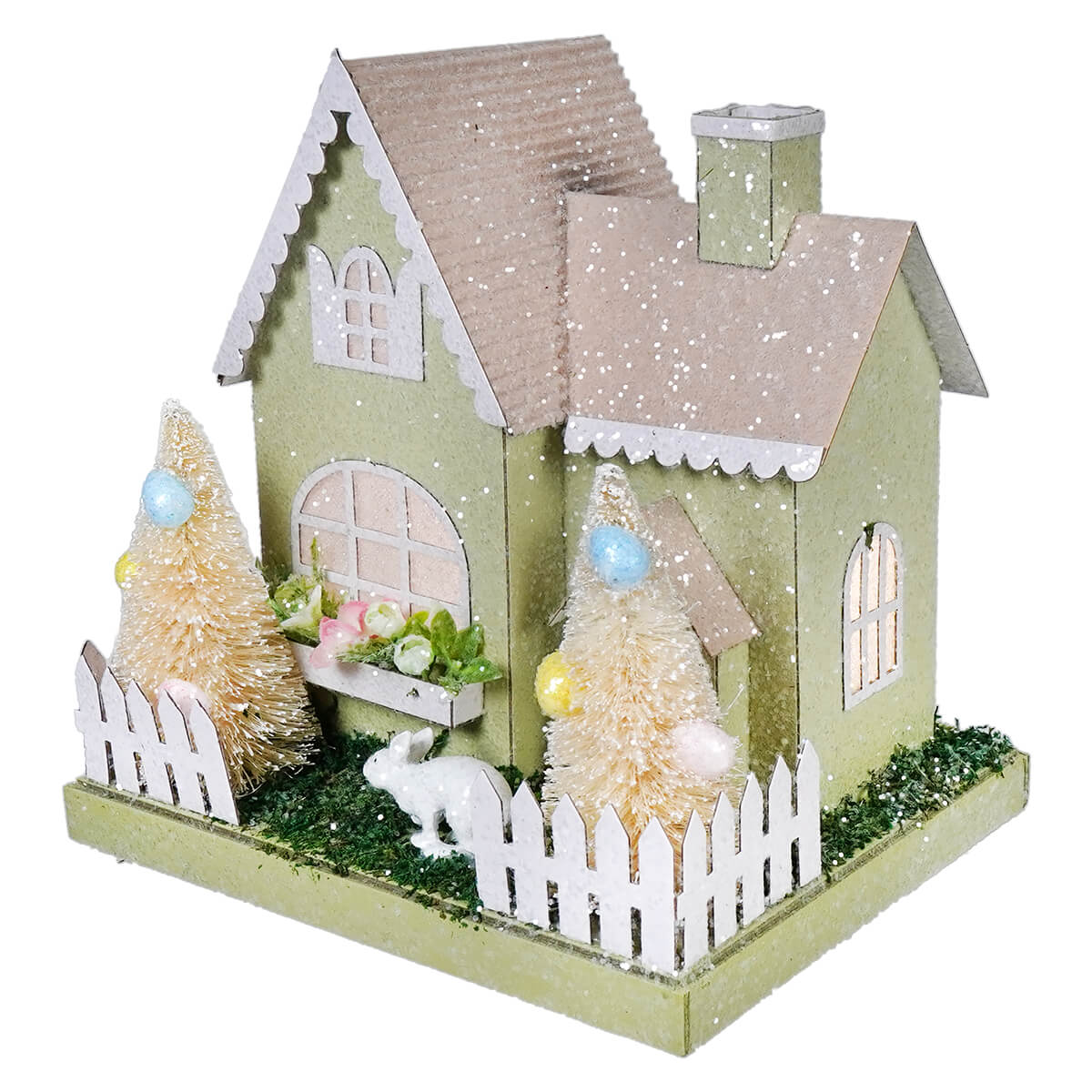 8" Lighted LED Pastel Green & Pink White Bunny Easter House