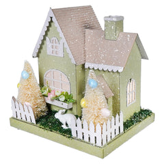 8" Lighted LED Pastel Green & Pink White Bunny Easter House
