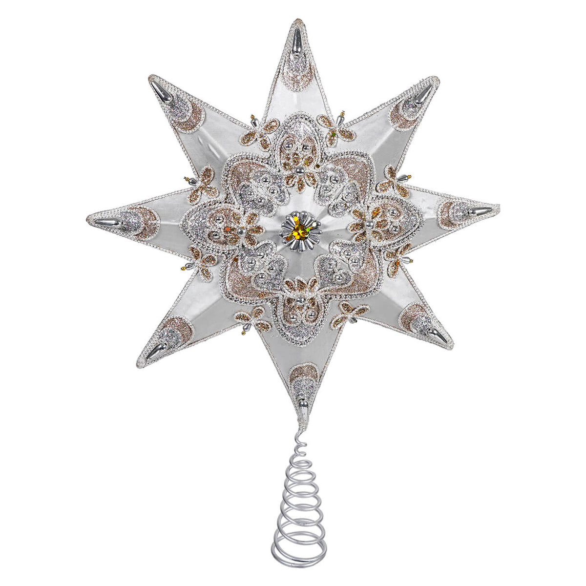 8-Point Glittered Silver & Gold Beaded Star Tree Topper