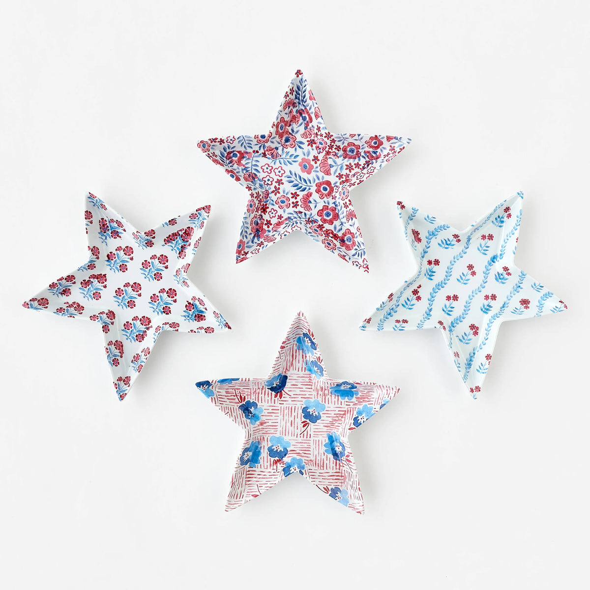 8" Red, White & Blue Floral Design Star Melamine Plates Set/4