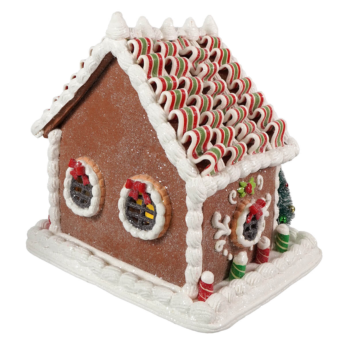 9.25“ LED Lighted Gingerbread House With Santa & Ribbon Candy Roof Table Piece