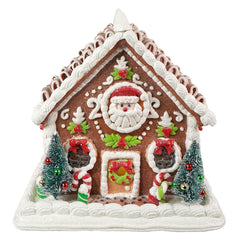 9.25“ LED Lighted Gingerbread House With Santa & Ribbon Candy Roof Table Piece