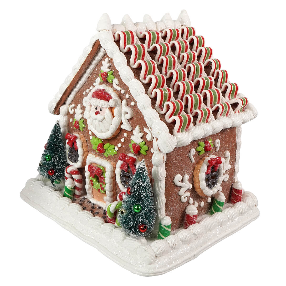9.25“ LED Lighted Gingerbread House With Santa & Ribbon Candy Roof Table Piece