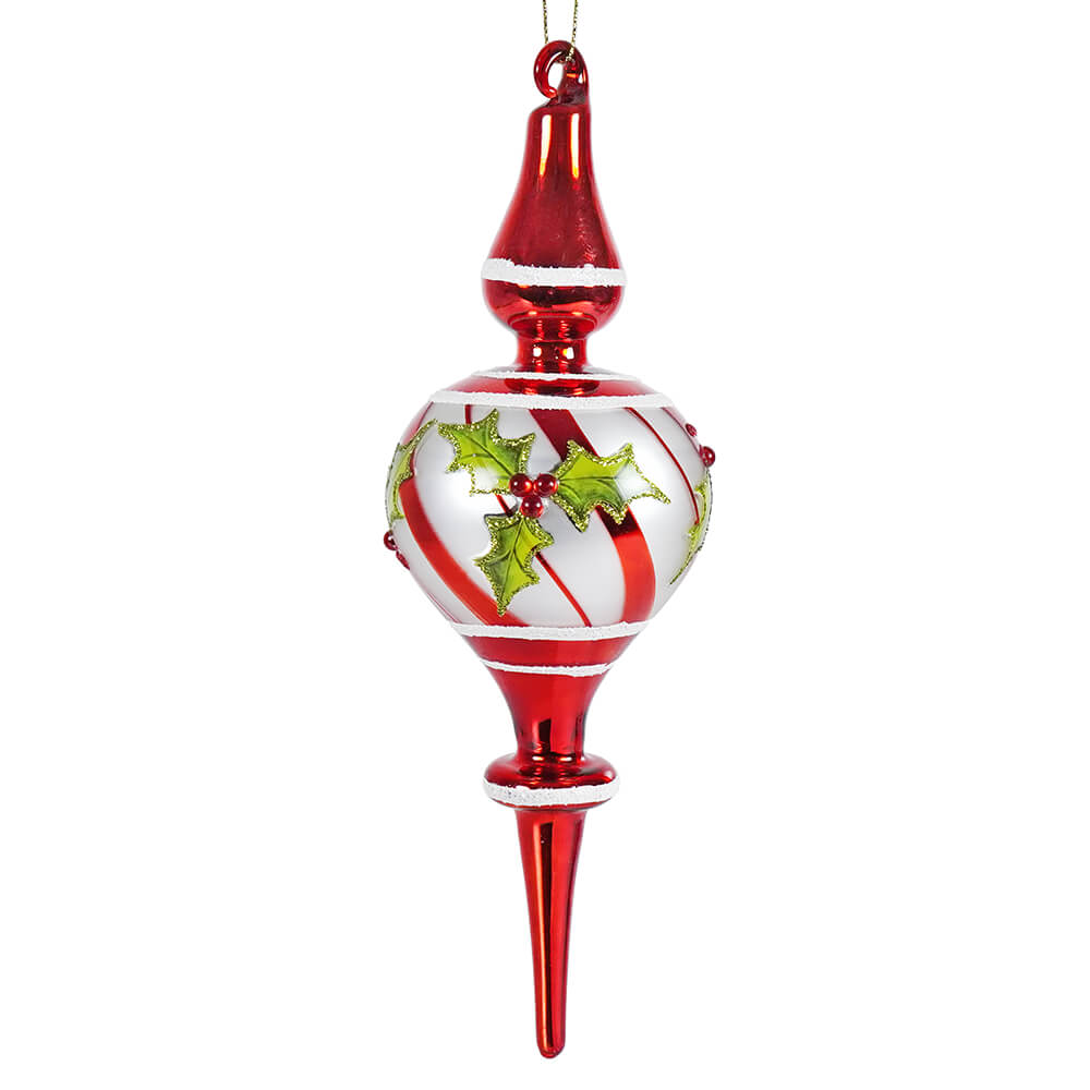 9.25" Red & White Diagonal Striped Holly Glass Finial Ornament