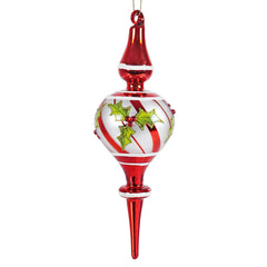 9.25" Red & White Diagonal Striped Holly Glass Finial Ornament