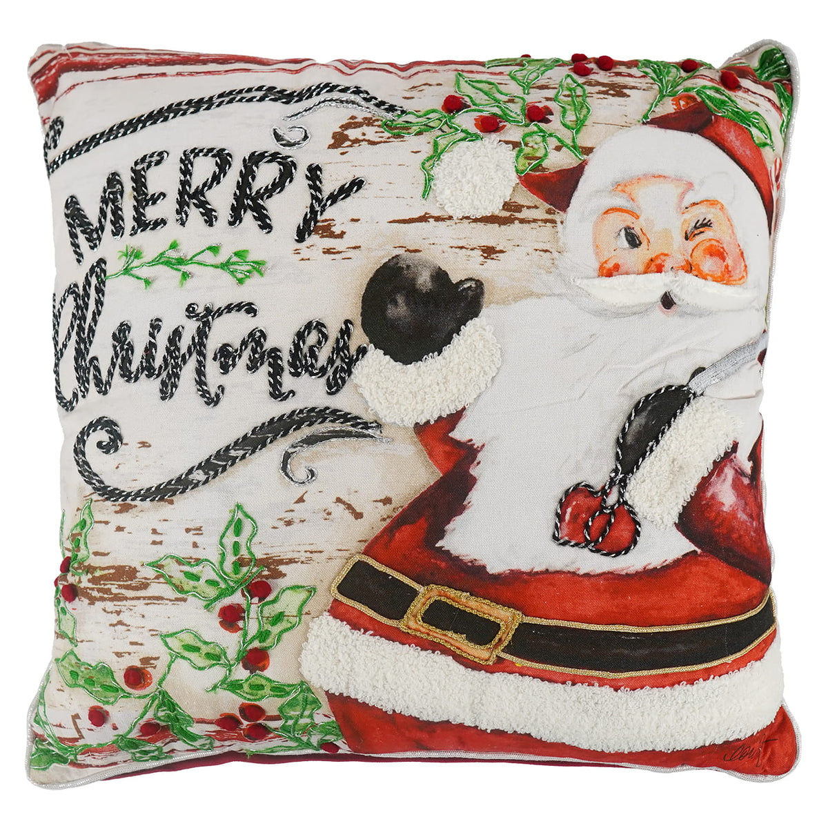 "Merry Christmas" Large Embroidered 18" Retro Winking Santa Pillow