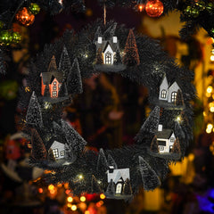 20" Large Lighted Black Halloween Wreath Featuring Lit Houses