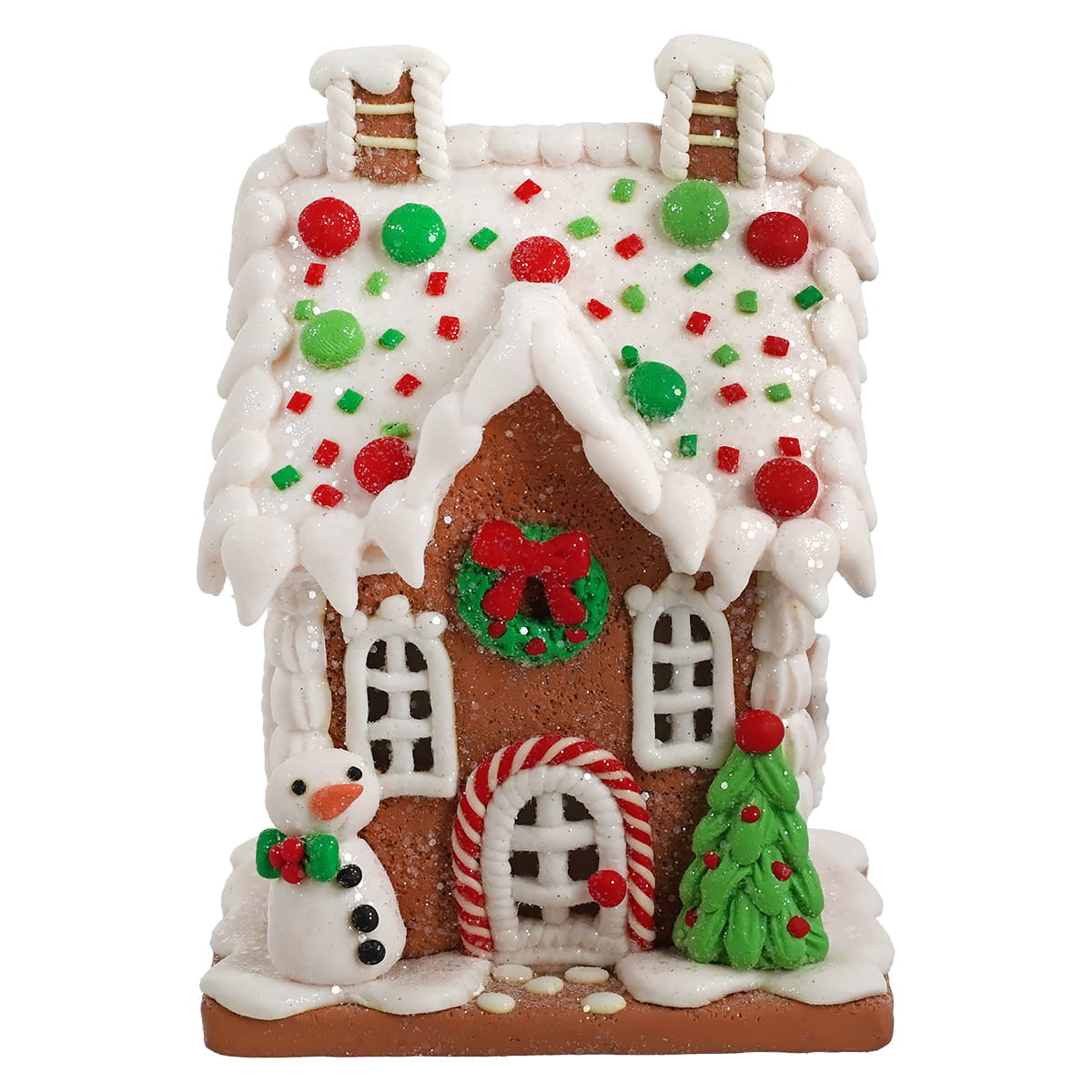 5.5" Lighted LED Red, White & Green Gingerbread House Featuring Snowman