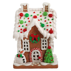5.5" Lighted LED Red, White & Green Gingerbread House Featuring Snowman