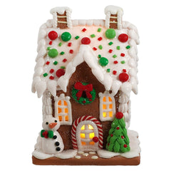 5.5" Lighted LED Red, White & Green Gingerbread House Featuring Snowman