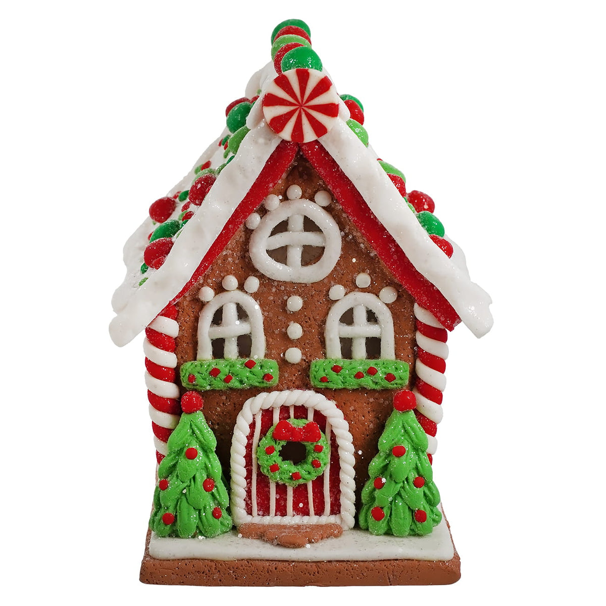 5.5" Lighted LED Red, White & Green Gingerbread House