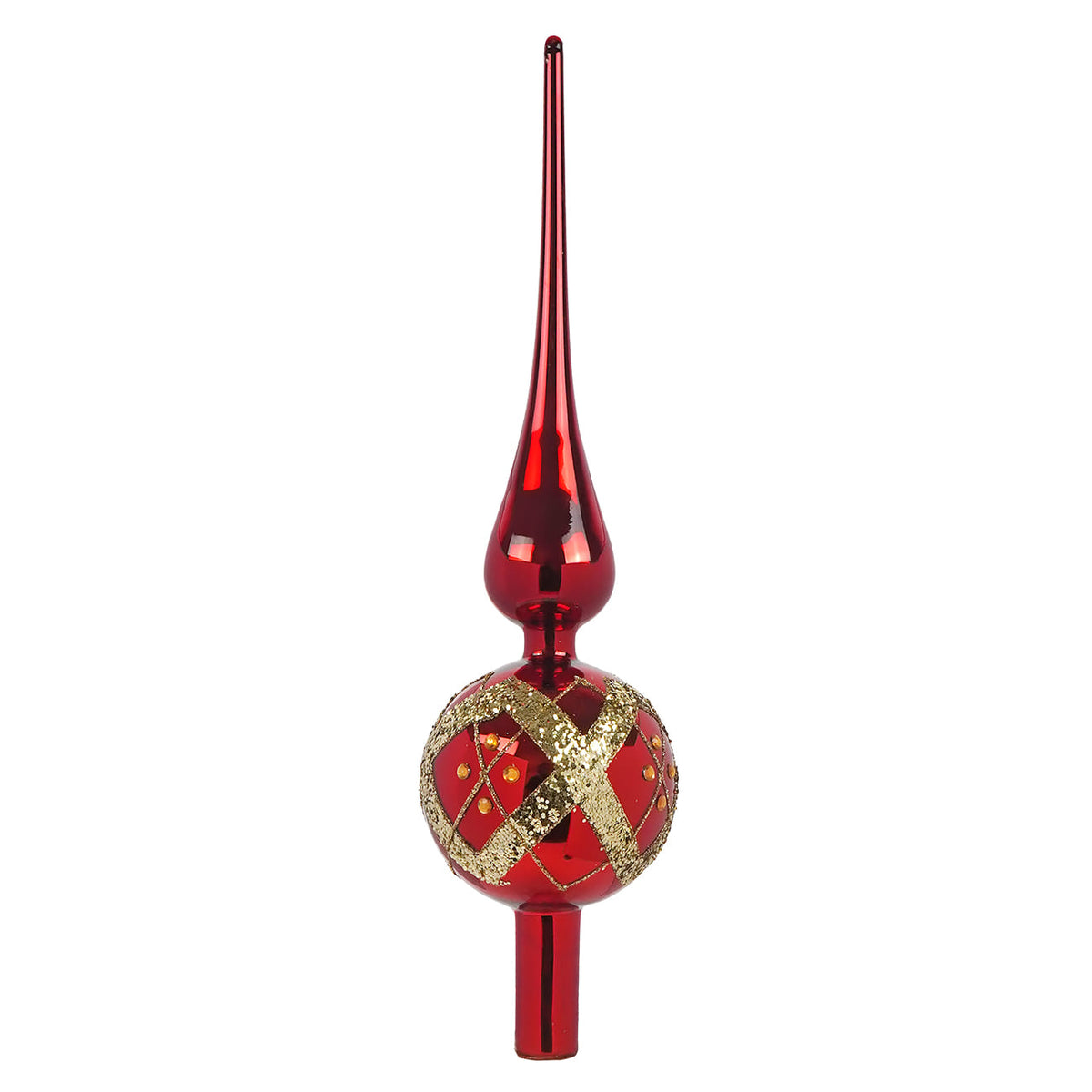 12.5" Glass Red Ball & Gold Stripe With Glittered Ivy Finial Tree Topper