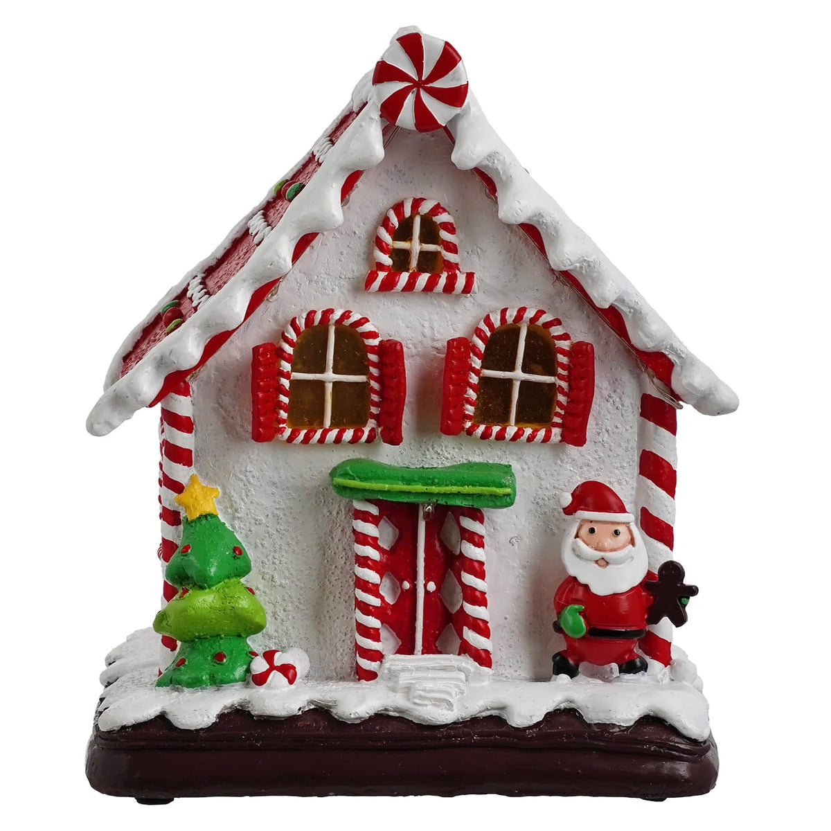 8" Lighted LED Red & White House With Santa & Tree