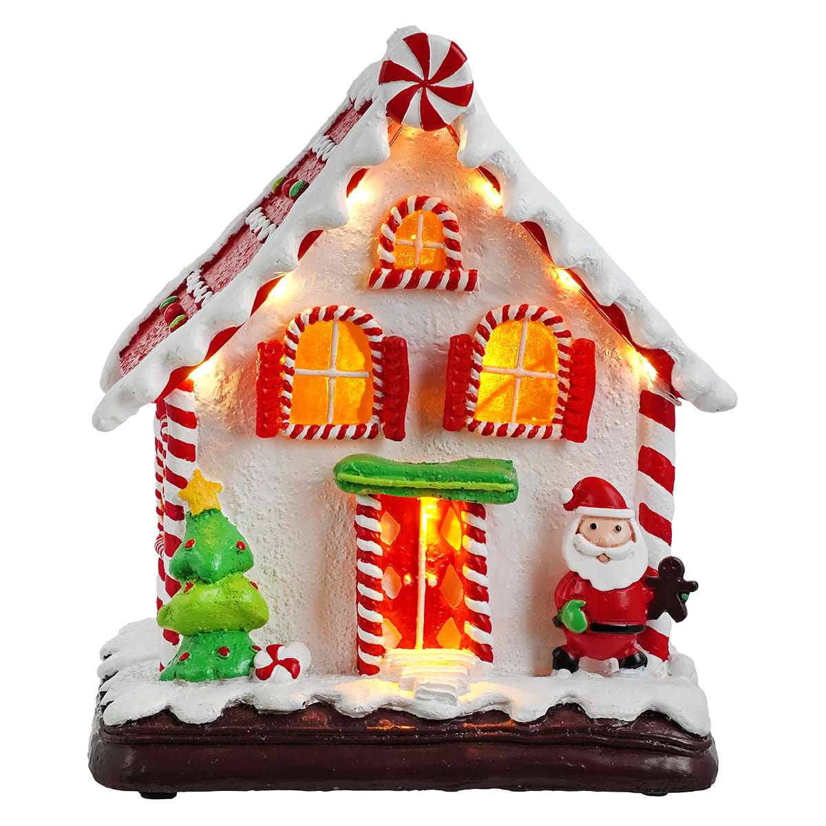 8" Lighted LED Red & White House With Santa & Tree