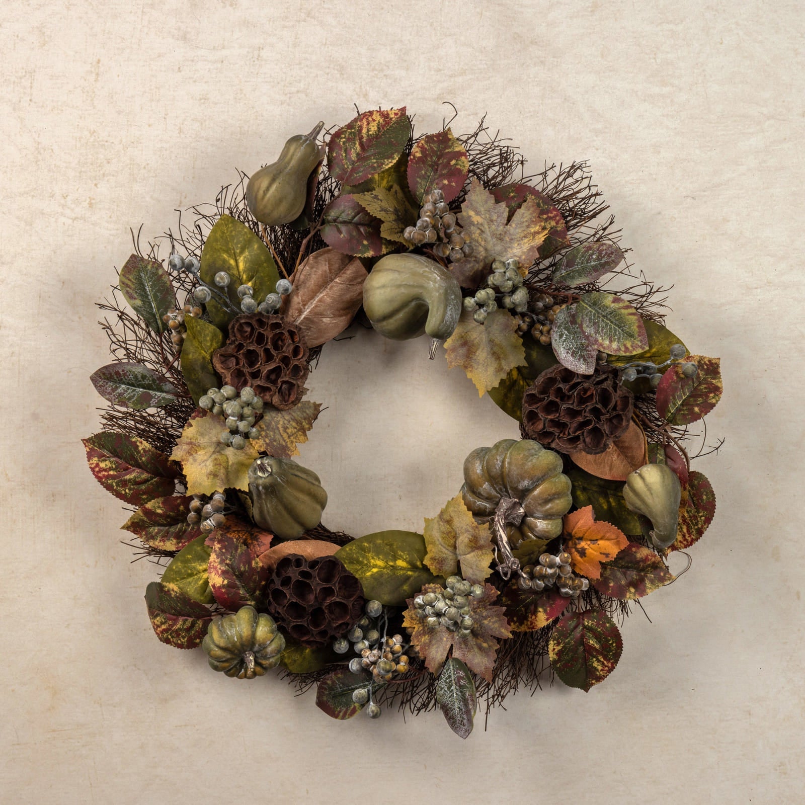 24" Green Berry, Gourd & Lotus Pod Wreath