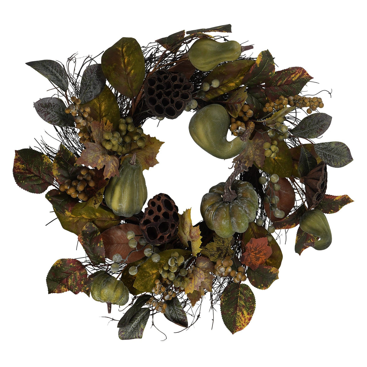 24" Green Berry, Gourd & Lotus Pod Wreath