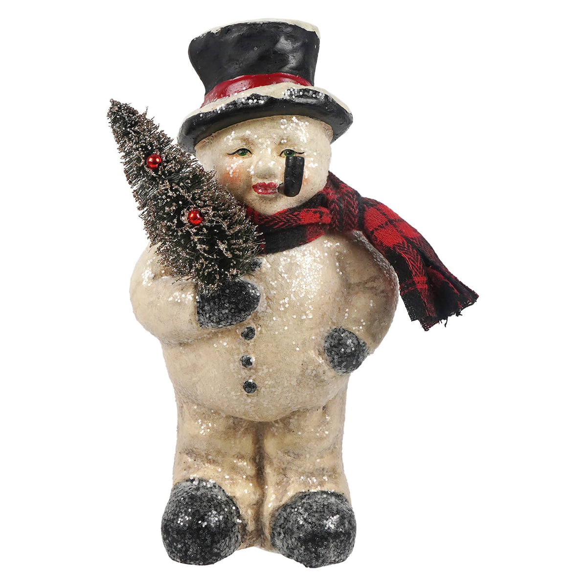 8.75" Vintage Rosy Cheeked Snowman Holding Christmas Tree