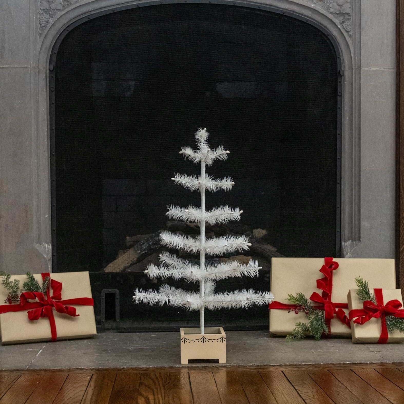 24" Ivory Feather Tree With Wood Base