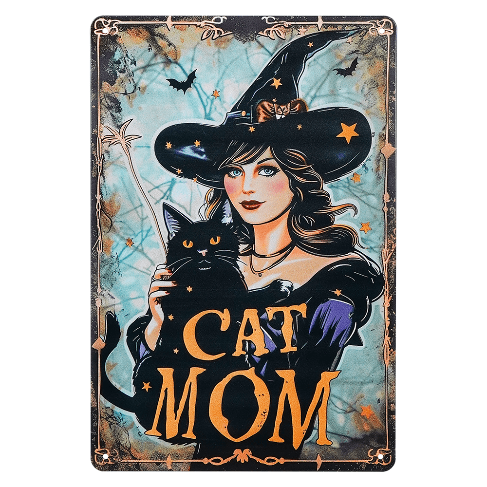 "Cat Mom" Charming Witch & Black Cat Metal Sign