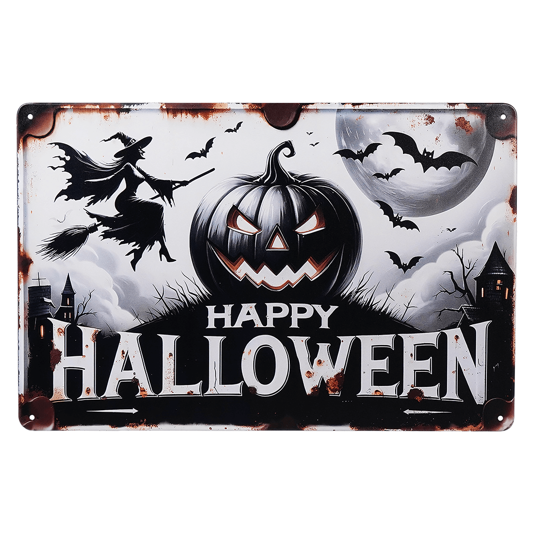 "Happy Halloween" Sinister Jack-O'-Lantern, Bats & Witch Metal Sign
