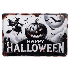 "Happy Halloween" Sinister Jack-O'-Lantern, Bats & Witch Metal Sign