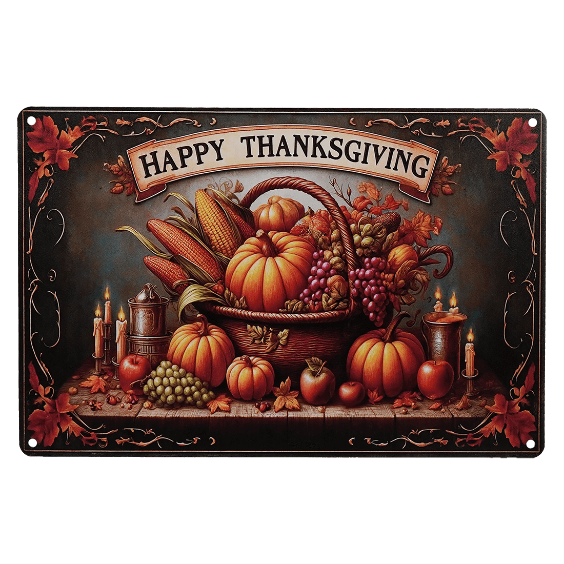 "Happy Thanksgiving" Classic Bountiful Harvest Scene Metal Sign